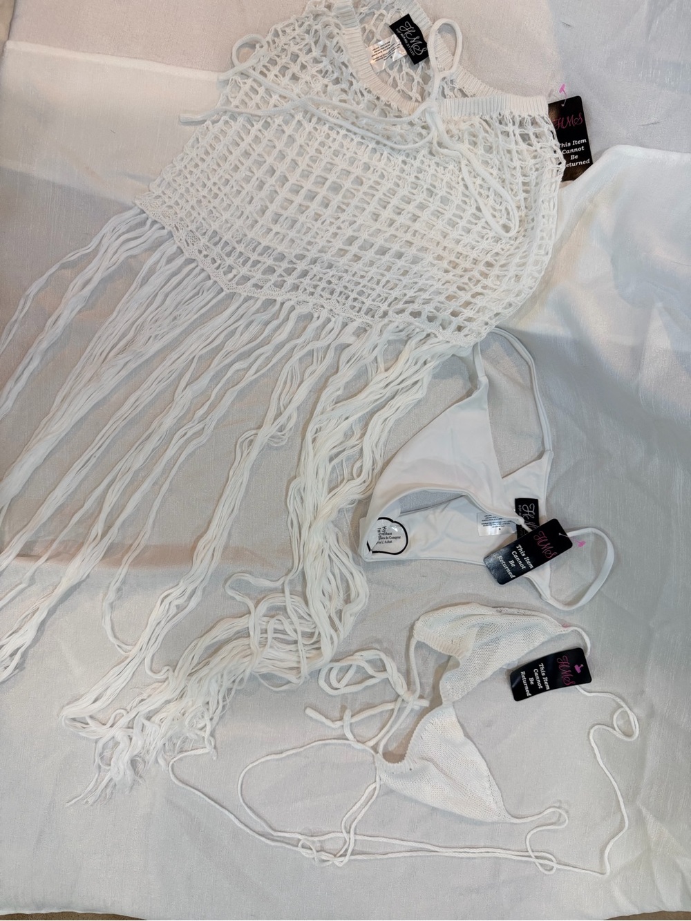Hot Miami Styles White Crochet Fringe Cover-Up with White Bikini Set